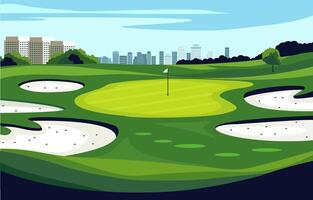 Flat Design of Green Golf Field Course with Cityscape in Bright Day vector