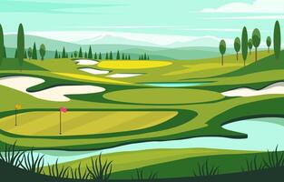 Nature Landscape of Green Golf Field Course with Hole in Bright Sky vector