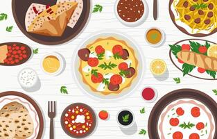 Top View of Pizza Spaghetti Food Dishes on Dining Table for Nowruz Celebration vector