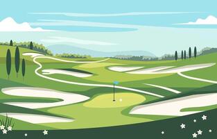 Nature Landscape of Green Golf Field Course with Hole in Bright Sky vector