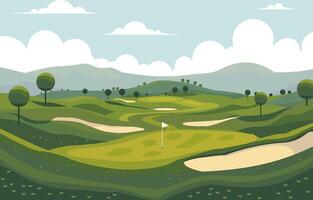 Nature Landscape of Green Golf Field Course with Hill Mountain View in Bright Day vector