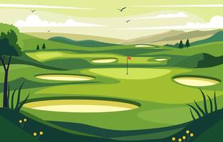 Nature Landscape of Green Golf Field Course with Hill Mountain View in Bright Day vector