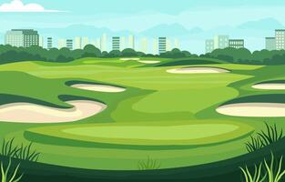 plano diseño de verde golf campo curso con paisaje urbano en brillante día vector