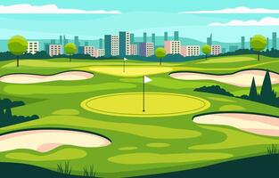 plano diseño de verde golf campo curso con paisaje urbano en brillante día vector