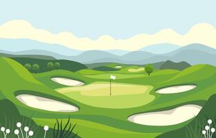 naturaleza paisaje de verde golf campo curso con colina montaña ver en brillante día vector