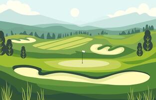 Nature Landscape of Green Golf Field Course with Hill Mountain View in Bright Day vector