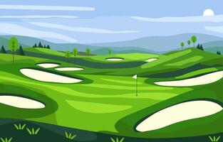 Nature Landscape of Green Golf Field Course with Hill Mountain View in Bright Day vector