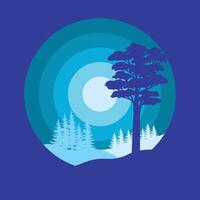 Flat minimal pine forest, and mountains at sunset in circle shape vector