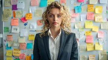 AI generated Businesswoman in front of wall with sticky notes photo