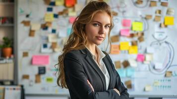 ai generado mujer de negocios brazo cruzado en frente de pared con pegajoso notas foto