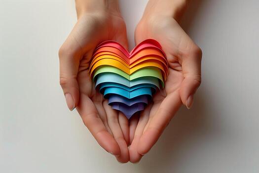 AI generated Hands hold heart in the colors of a rainbow. LGBT concept, Pride month. Top view, white background photo