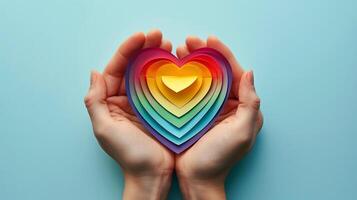 AI generated Hands hold heart in the colors of a rainbow. LGBT concept, Pride month. Top view, light blue background photo