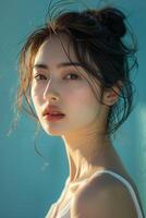 AI generated Young Asian beauty woman, on isolated light blue background. photo