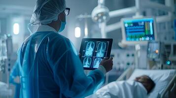 AI generated Close up of doctor holding digital tablet with chest X-ray photo