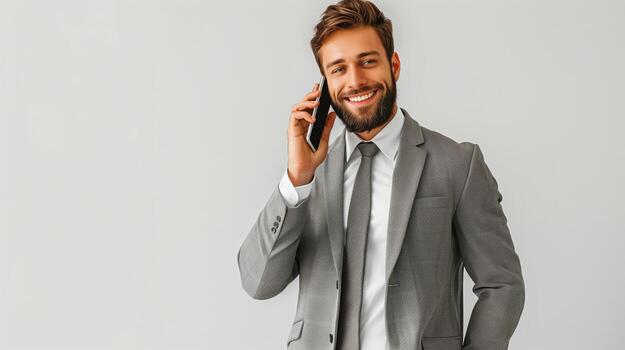 AI generated Man talking on phone on white background. smiling. photo