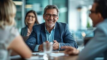 AI generated group of business people sitting around a table and talking, a casual  group meeting. photo