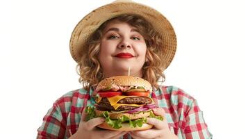 AI generated Overweight woman holding big burger, Extra large hamburger on white background photo