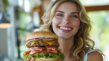 ai generado mujer participación grande hamburguesa, extra grande hamburguesa en blanco antecedentes foto