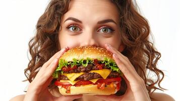 AI generated Woman holding big burger, Extra large hamburger on white background photo