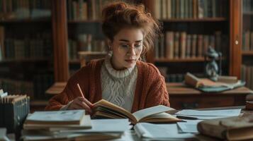 ai generado mujer leyendo en biblioteca con muchos sábana y papel en el mesa, libro estantería antecedentes foto