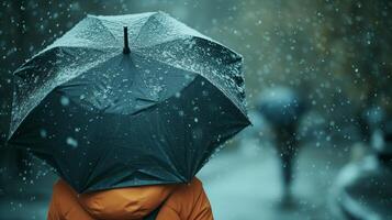 AI generated Rear view of woman holding black umbrella, rainy photo