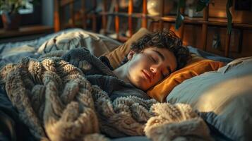 ai generado un hombre durmiendo, descansando pacíficamente en un cómodo cama, acostado con cerrado ojos. con luz de sol. foto