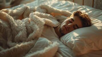 ai generado un hombre durmiendo, descansando pacíficamente en un cómodo en blanco cama, acostado con cerrado ojos. con luz de sol. foto