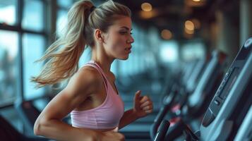 AI generated Young woman exercising on treadmill, running. photo