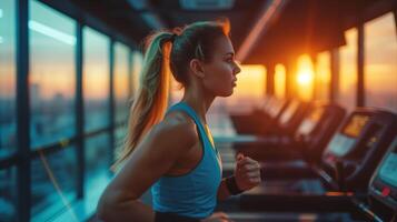 AI generated Young woman exercising on treadmill, running. sunlight photo