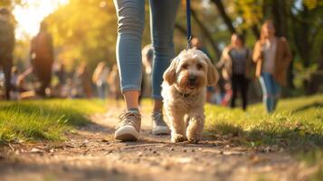 ai generado caminando con perro a parque durante Mañana caminar, luz de sol foto