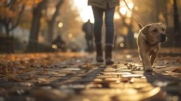 ai generado caminando con perro a parque durante Mañana caminar, luz de sol foto