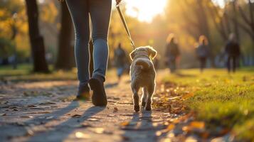 AI generated Walking with dog at park during morning walk, sunlight photo
