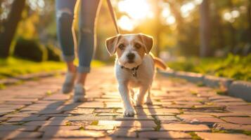 ai generado caminando con perro a parque durante Mañana caminar, luz de sol foto