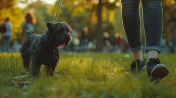 AI generated Walking with dog at park during morning walk, sunlight photo