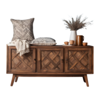 AI generated Wooden sideboard table with cushions and throws on a transparent background isolated png