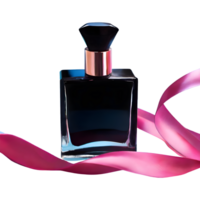 AI generated Black glass perfume bottle and pink ribbon isolated on transparent background png