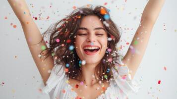 AI generated Woman in a state of pure joy, close up, happiness, successful, white background photo