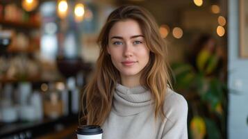 ai generado retrato de mujer participación tomar lejos café taza en frente de café comercio, café , sonriente y mirando a cámara, vaso de papel café foto