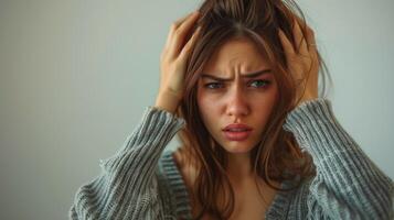 AI generated Woman clutches his head in despair,hands gripping head showing shocked, screaming, depressed expressions. photo