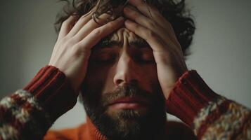 AI generated Man clutches his head in despair,hands gripping head showing shocked, screaming, depressed expressions. photo