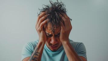 AI generated Man clutches his head in despair,hands gripping head showing shocked, screaming, depressed expressions. photo