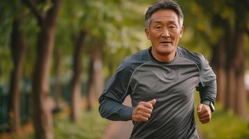 AI generated Portrait of a asian senior man in fitness wear running in a park. Close up of a smiling man running, Man jogging in park photo