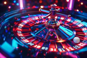 AI Generated Detailed close-up of a vibrant casino roulette wheel in action with dynamic lighting photo