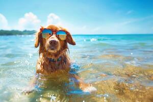 AI Generated Dog wearing sunglasses having fun in the sun at a sandy beach photo