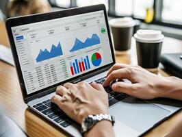AI Generated Hands working on a laptop with charts and statistical data in close-up view photo