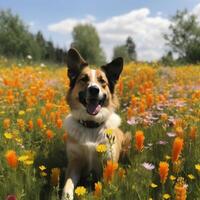 AI Generated Joyful dog in colorful field full of flowers. Generative AI photo
