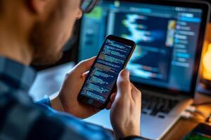 AI Generated Programmer reviewing code on smartphone. Generative AI photo