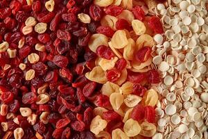 AI Generated Assorted dried fruits and nuts background. Generative AI photo