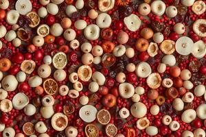 AI Generated Assorted dried fruits and nuts background. Generative AI photo