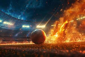 AI Generated Fiery soccer ball on stadium field at night. Generative AI photo